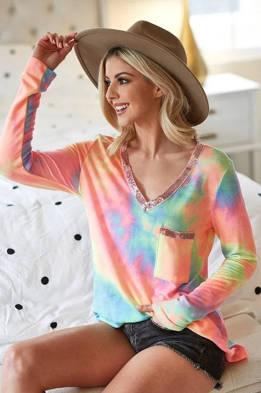 women's bibi tie dye v-neck terry knit top with sequins - main product image