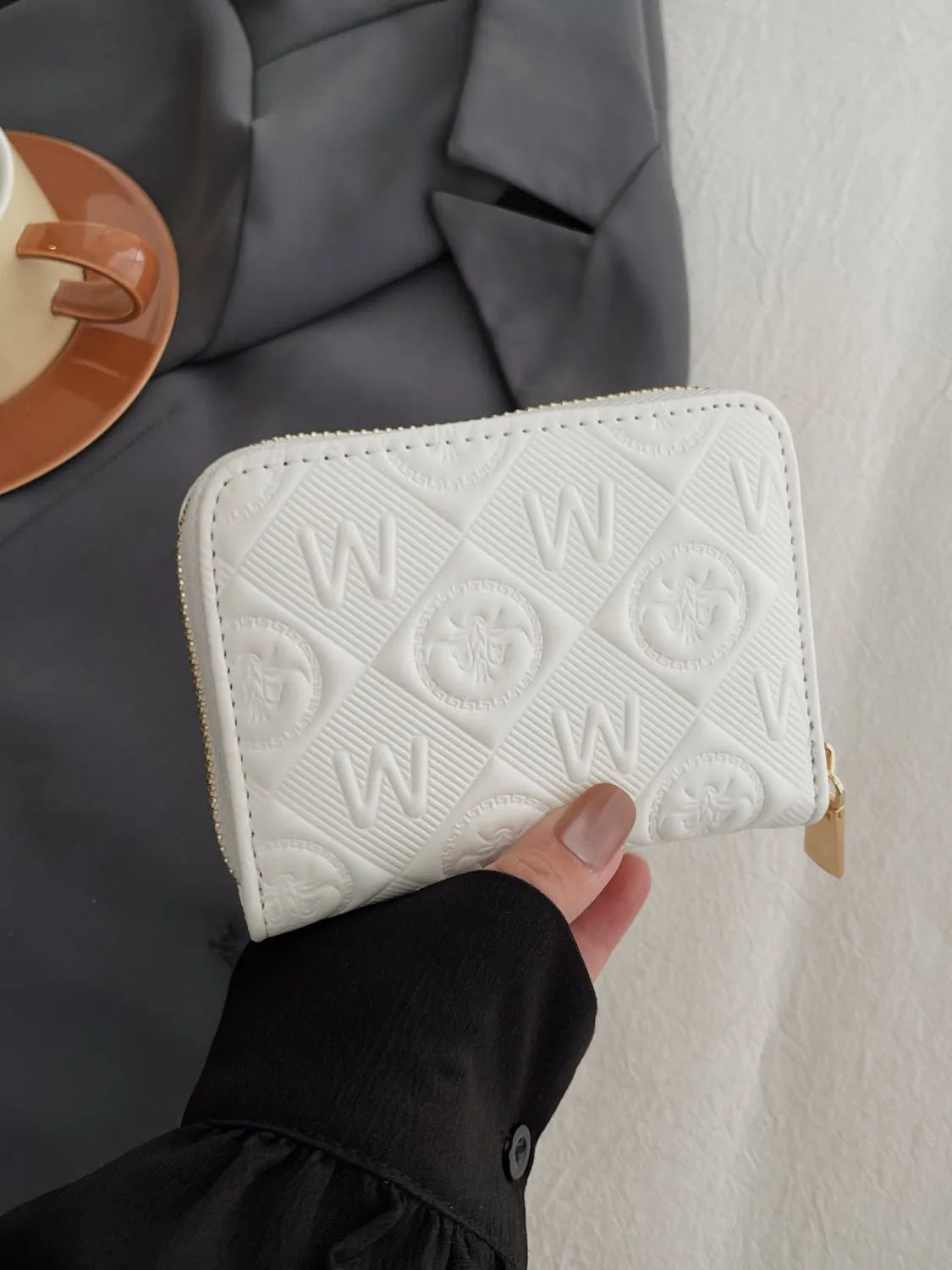 Embossed Zip Mini Wallet White One Size