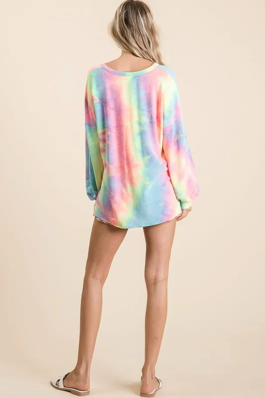 women's bibi tie dye french terry top with balloon sleeves - styling option