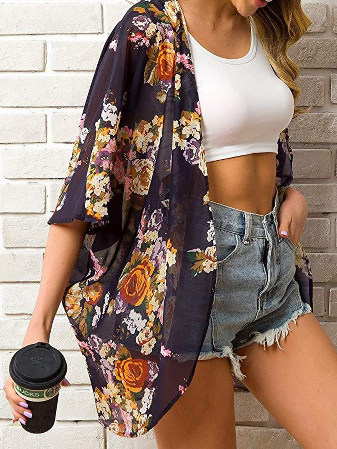 Open Front Half Sleeve Cover-Up Caramel