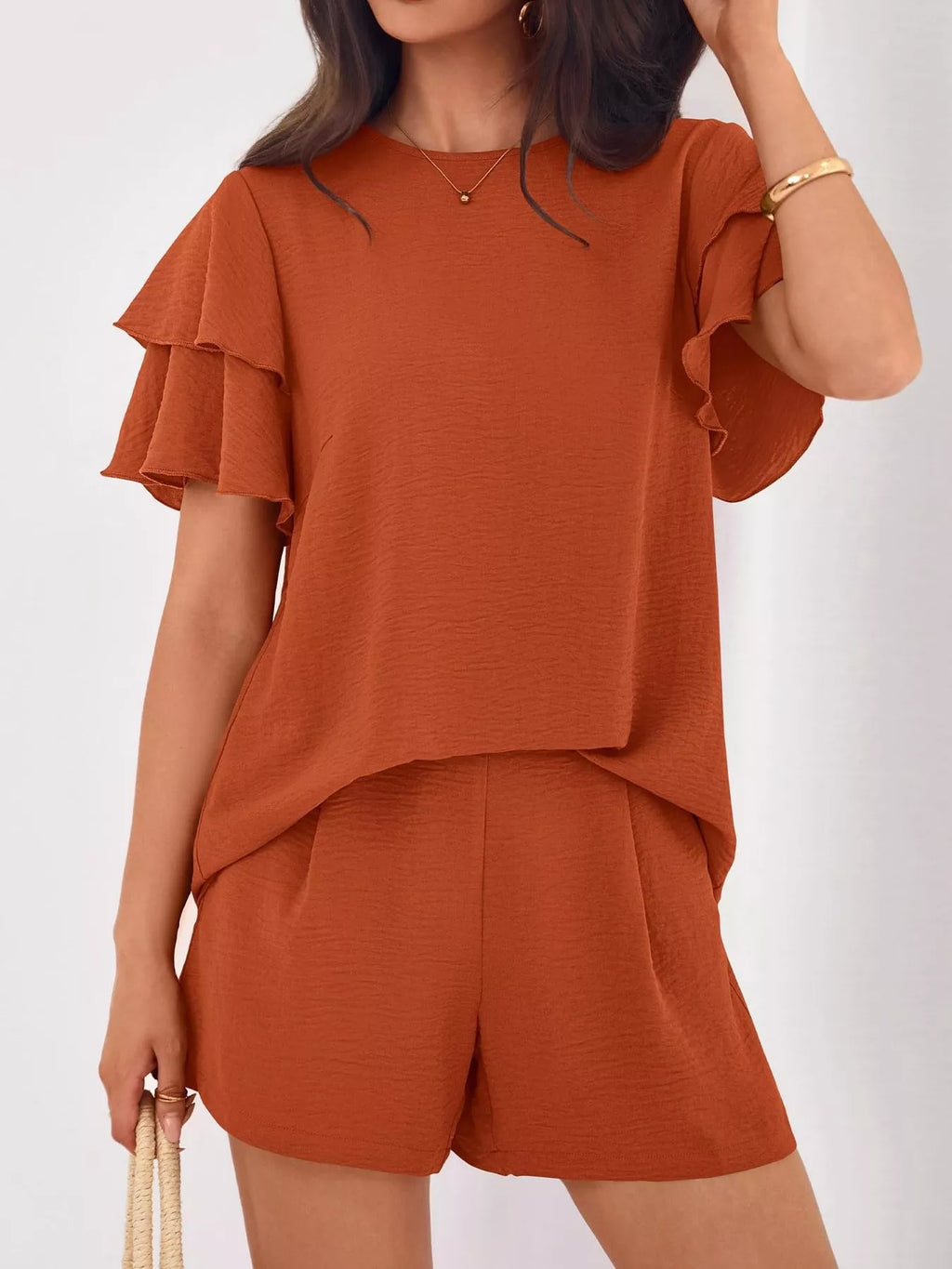 women's ruffle sleeve top and shorts two-piece set - alternate angle