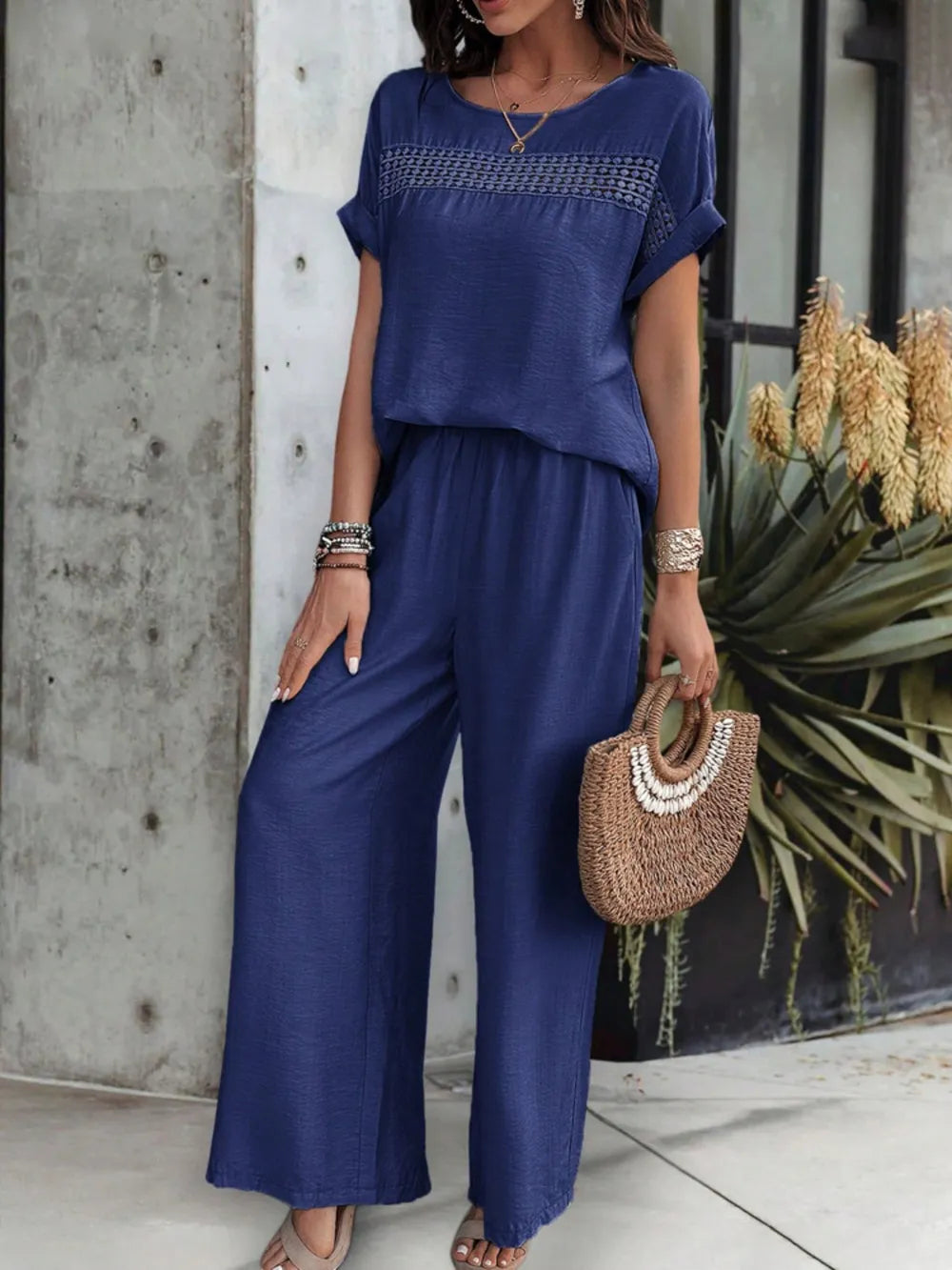 Round Neck Short Sleeve Top and Pants Set Dark Blue