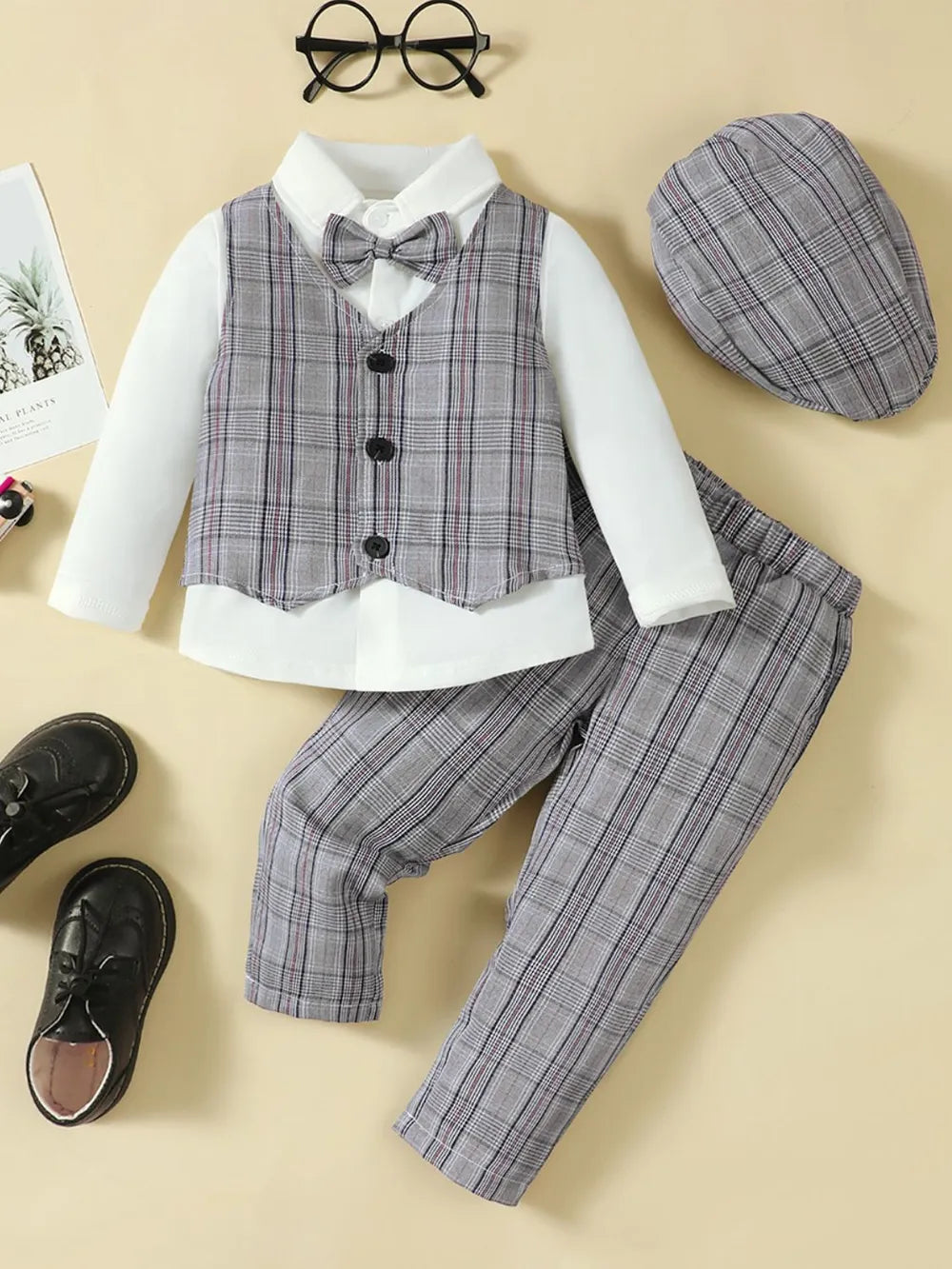hat, long sleeve shirt, plaid vest and pants 4 piece set — stylish clothing for kids