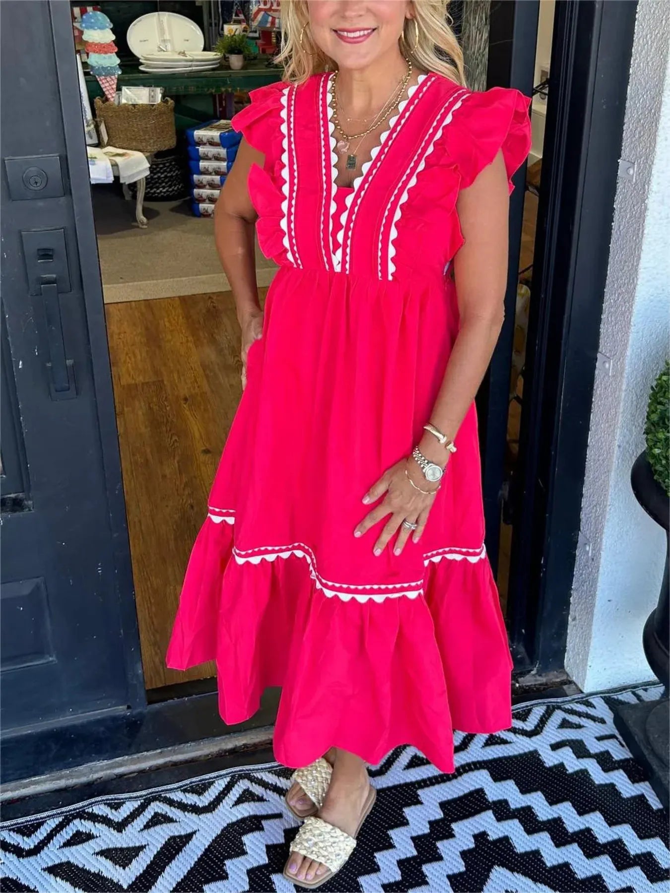 Full Size Contrast Trim Ruffled Cap Sleeve Dress Plus Size Scarlet