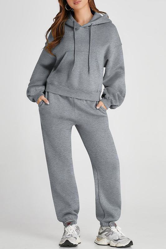 Dropped Shoulder Hooded Top and Pants Active Set Gray