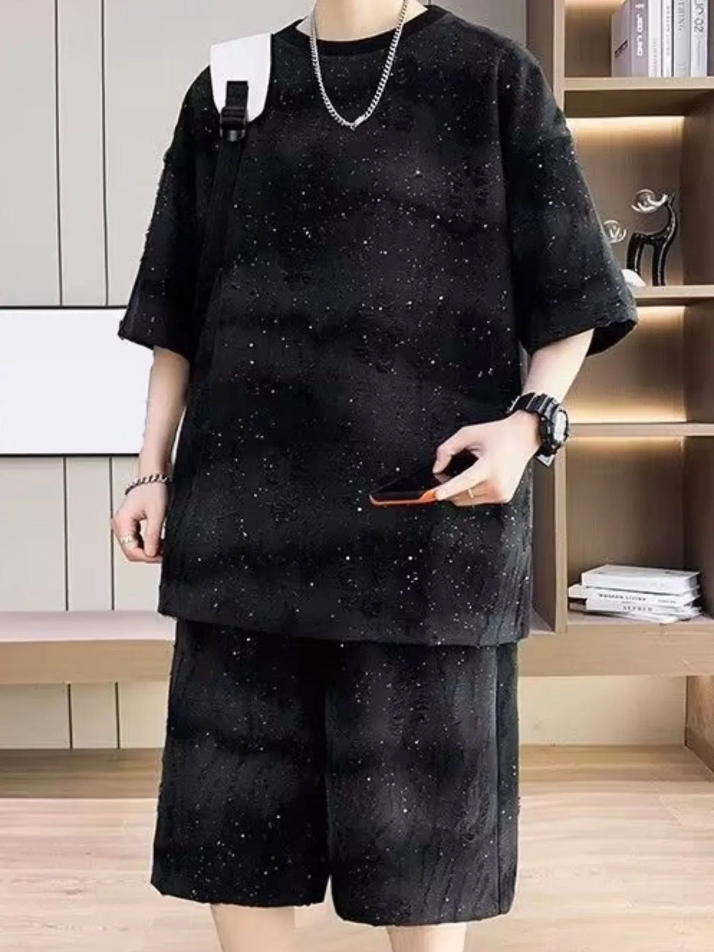 men's men's full size round neck half sleeve top and shorts set plus size - styled view