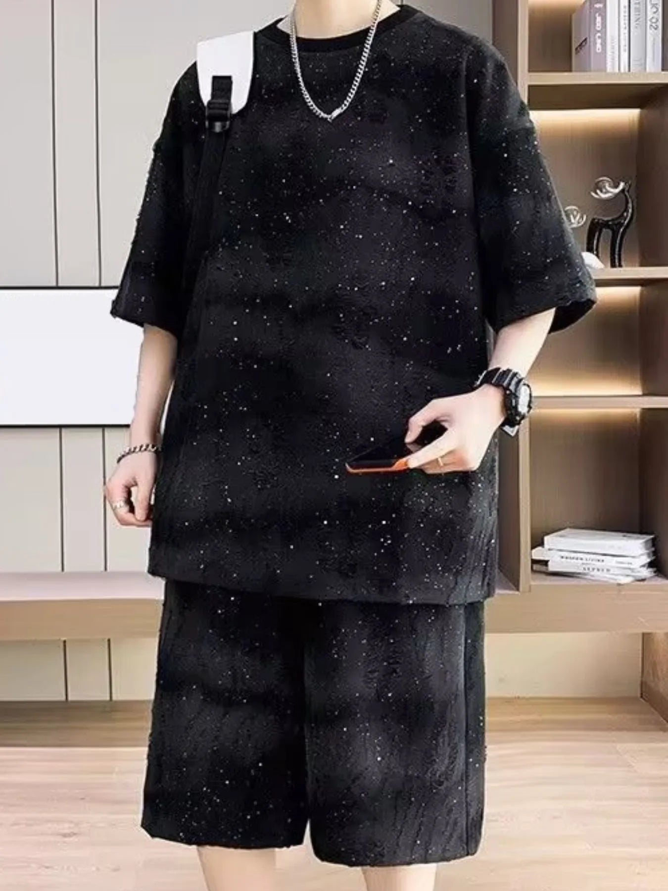 men's men's full size round neck half sleeve top and shorts set plus size - styled view