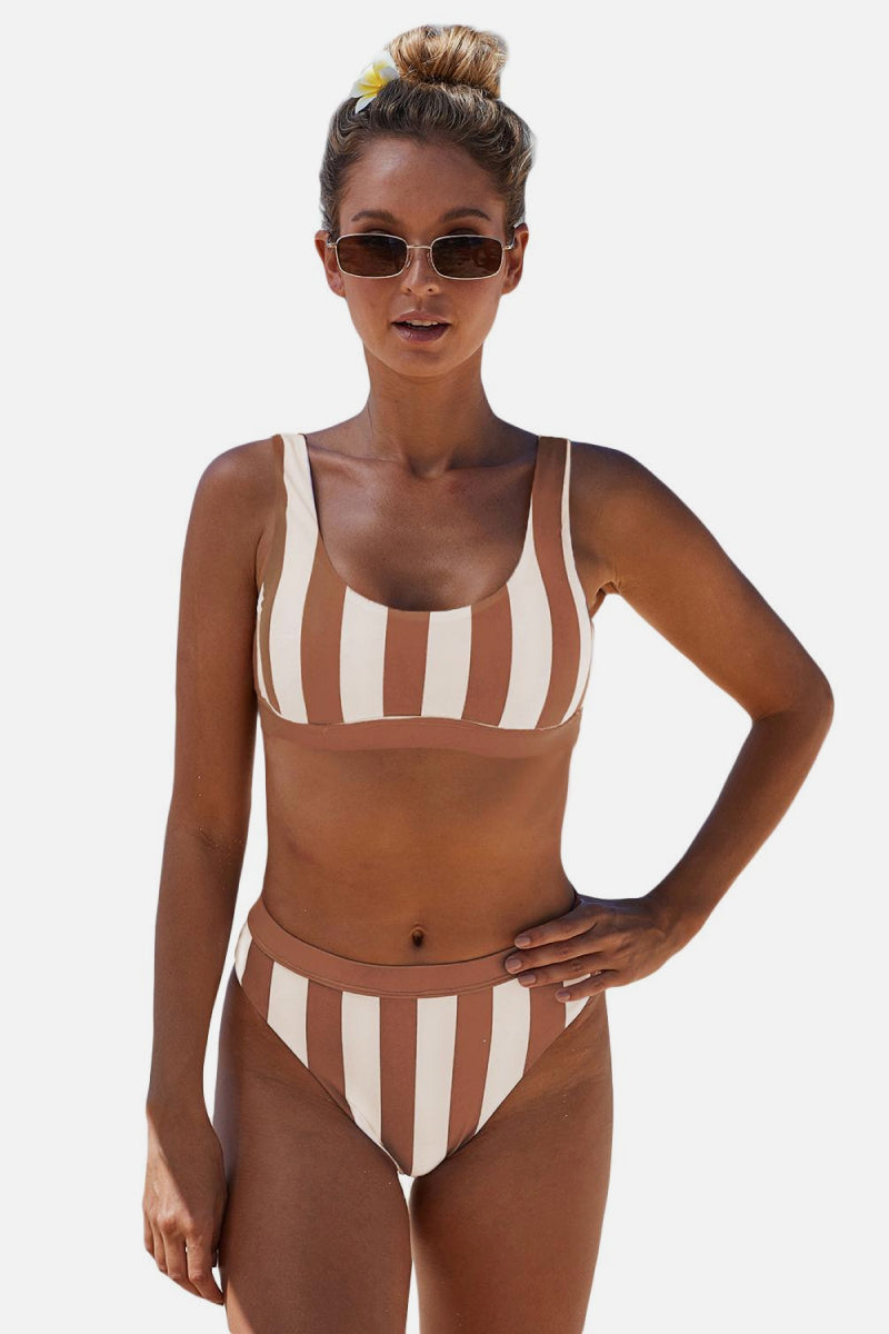 Striped Tank High Waist Bikini Brown