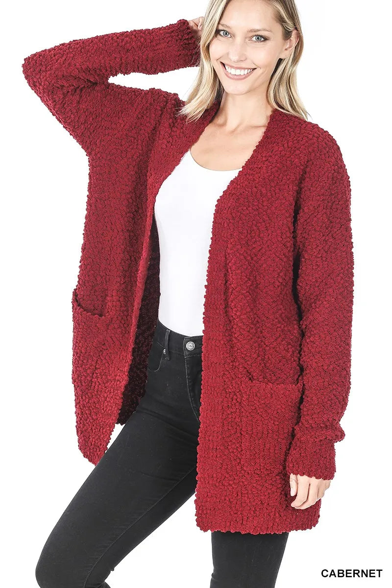 zenana long sleeve popcorn sweater cardigan with pockets - relaxed textured cardigan shown as women’