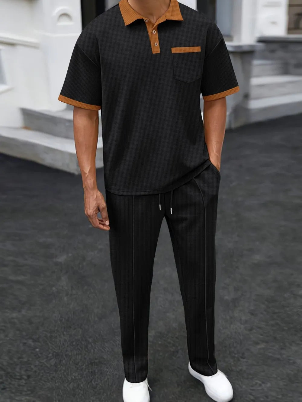 Men's Full Size Waffle-Knit Contrast Polo and Pants Set Plus Size Black