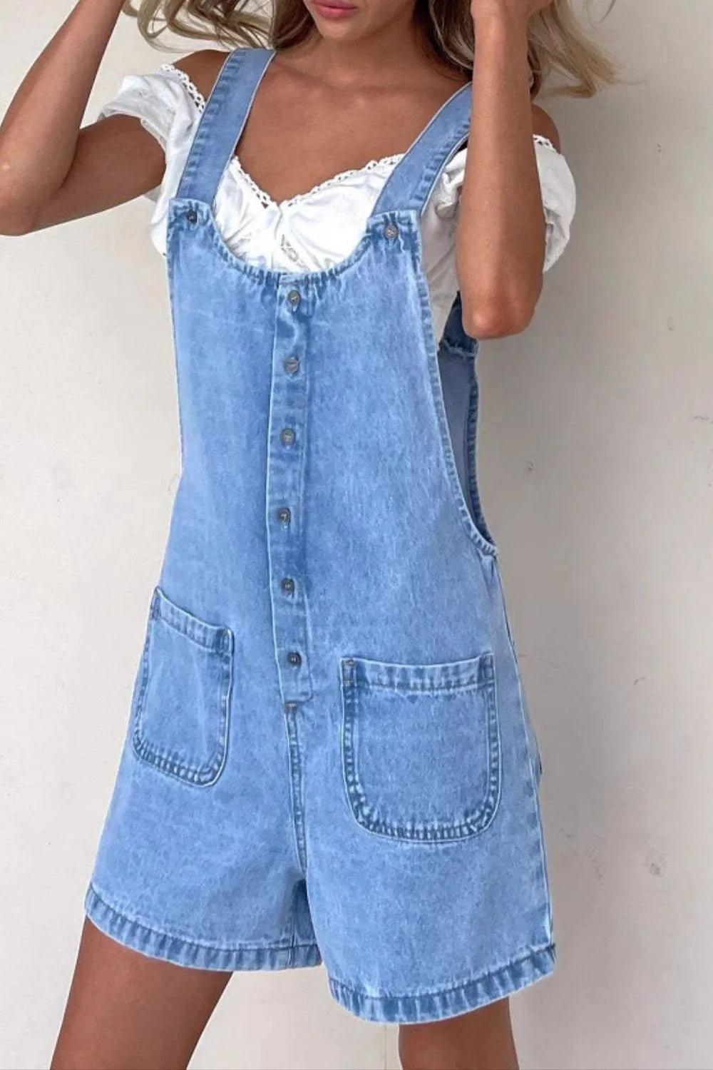 Button Front Denim Overall Shorts with Front Pockets
