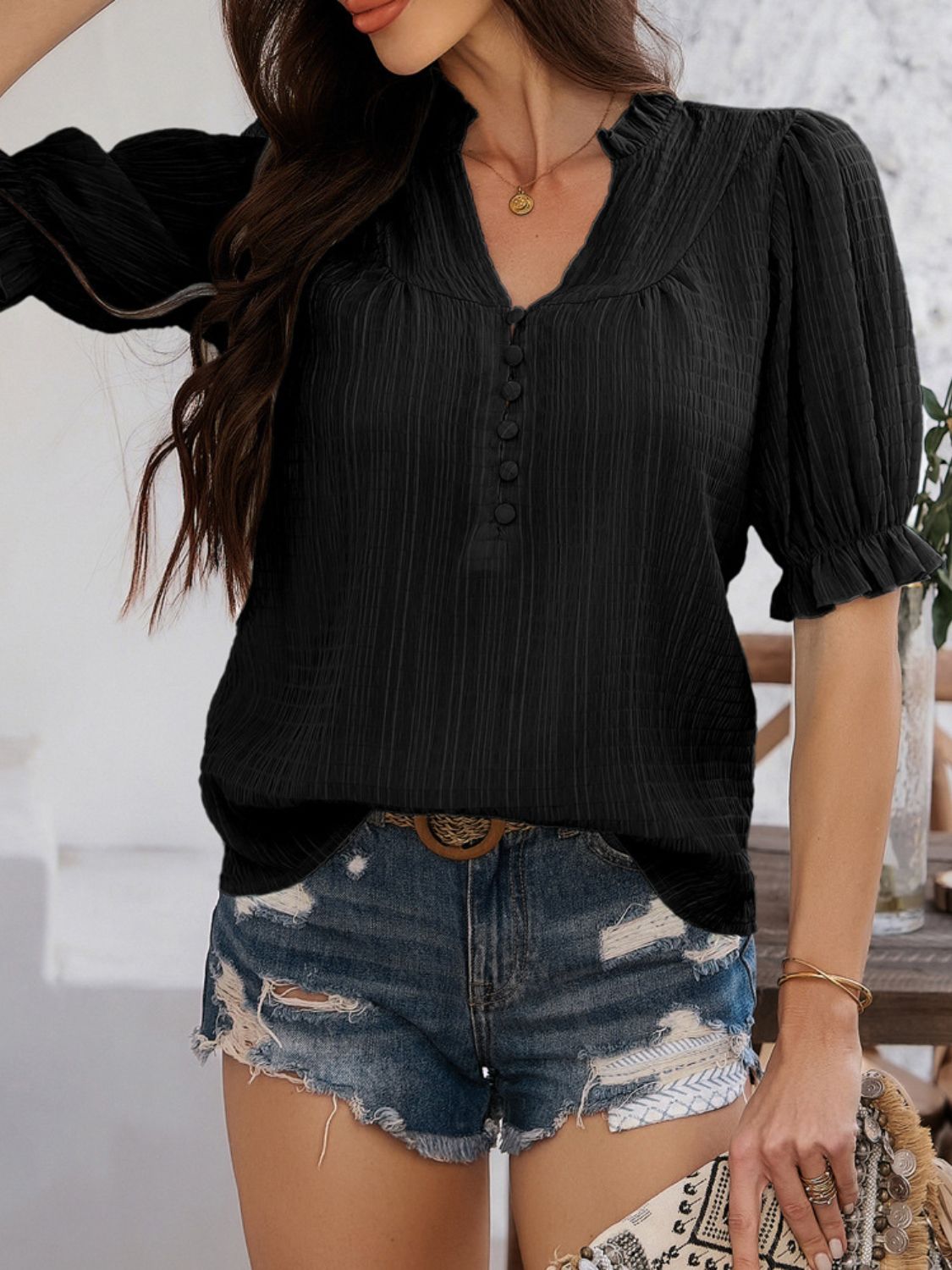Devine Frill Notched Short Sleeve Blouse Black