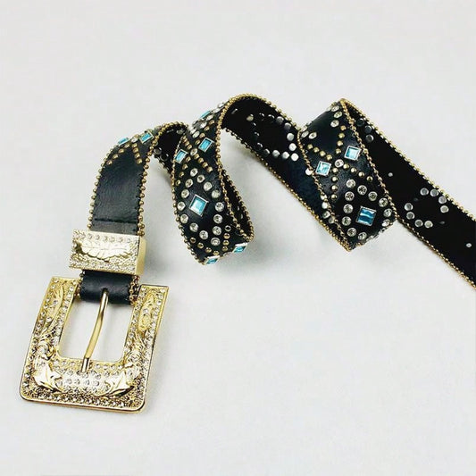 Rhinestone PU Leather Belt Black