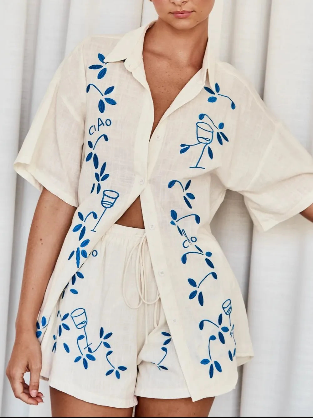 Embroidered Button Up Half Sleeve Top and Shorts Set Cream
