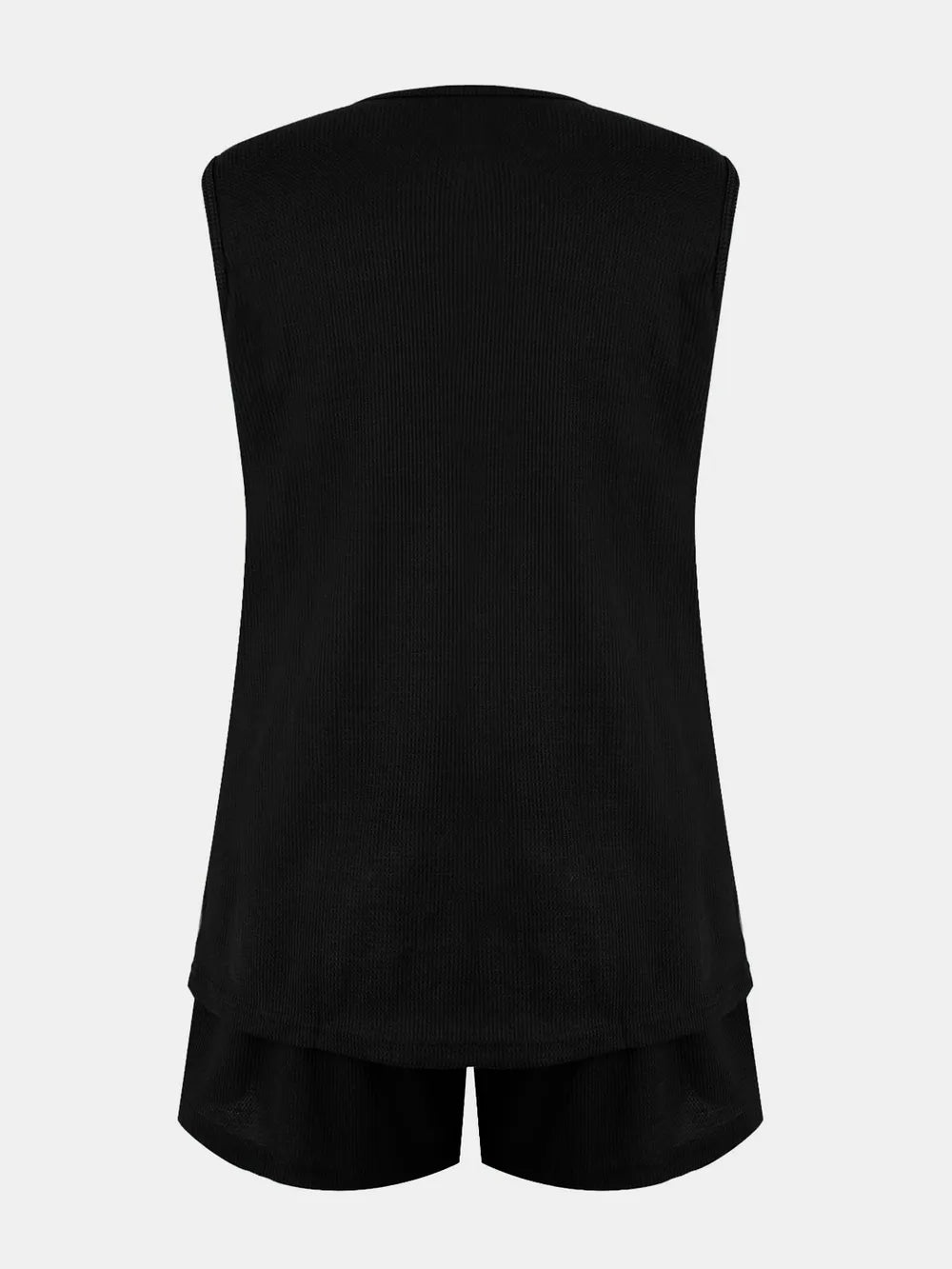 Full Size Waffle-Knit Notched Top and Shorts Set Black