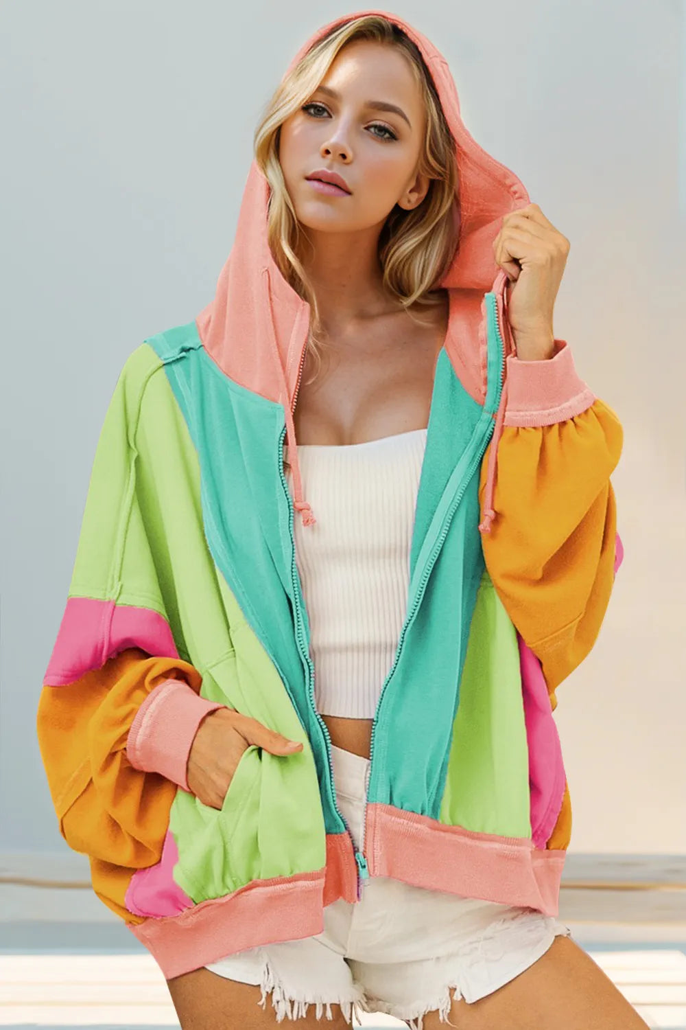 Double Take Full Size Color Block Zip Up Hoodie Tiffany Blue