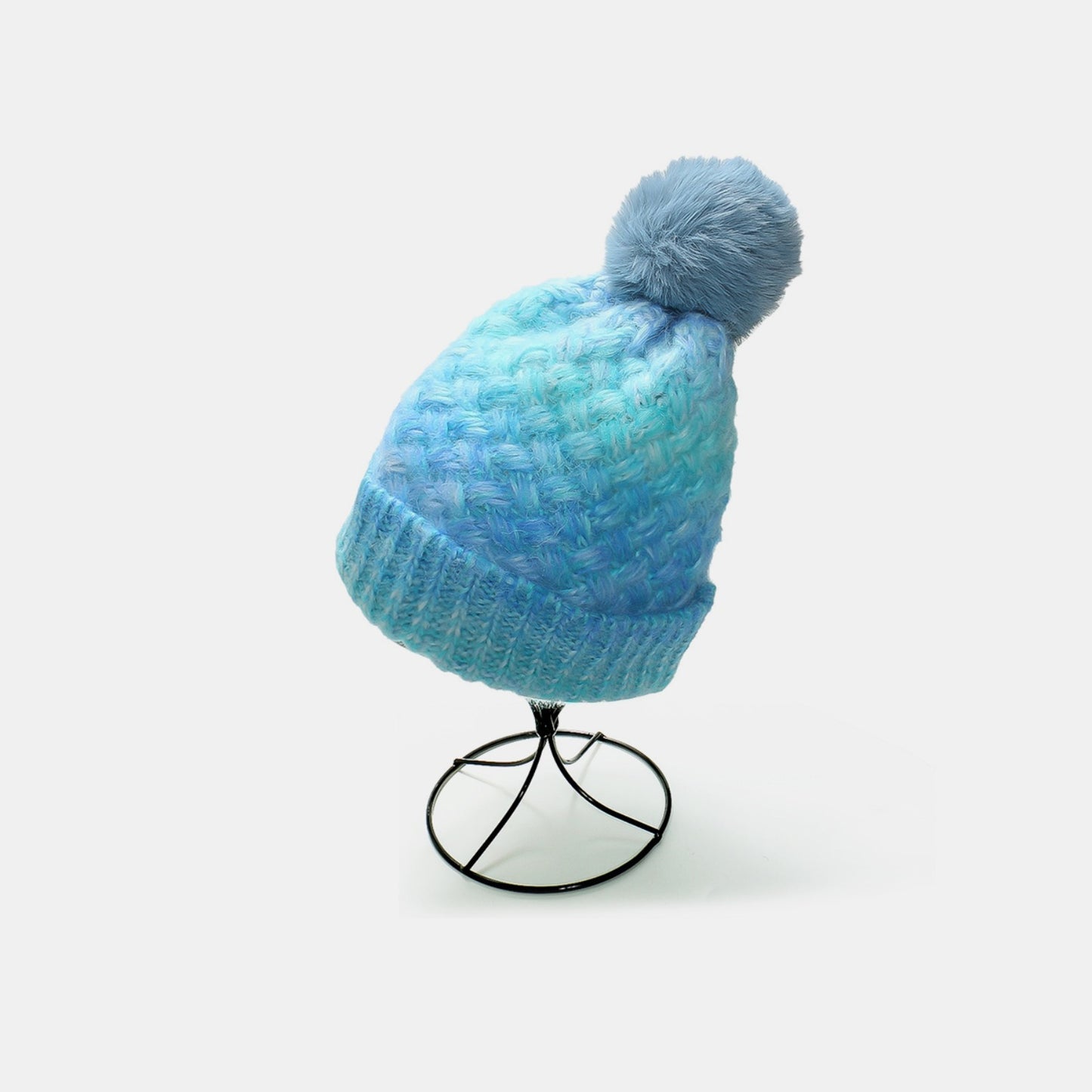 Gradient Knit Hat with Pompom Pastel Blue One Size