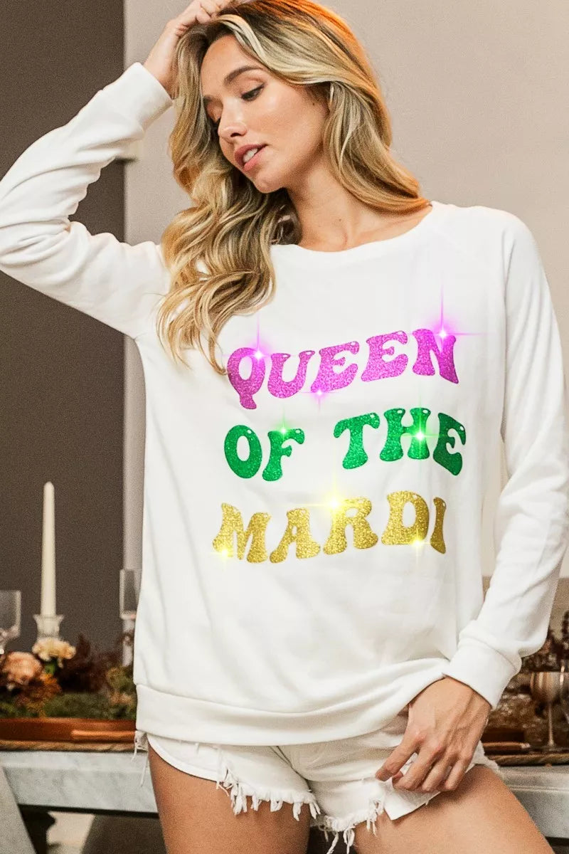 women's bibi queen of mardi glitter print mardi gras sweatshirt - styling option
