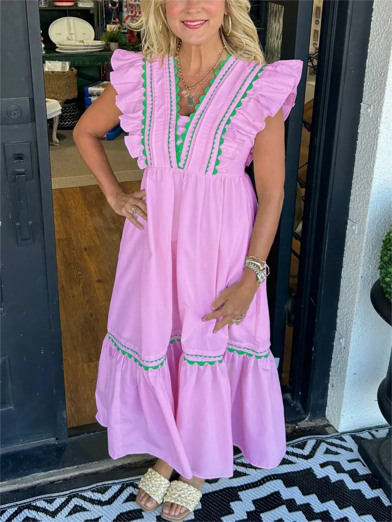 Full Size Contrast Trim Ruffled Cap Sleeve Dress Plus Size Pink