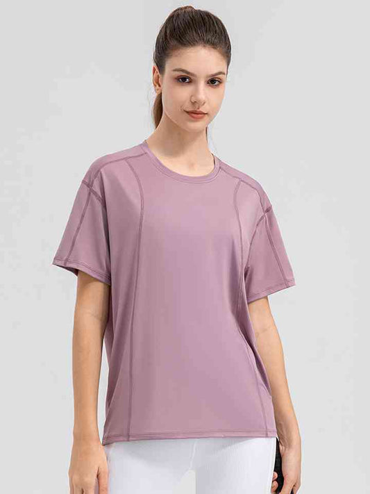 Round Neck Short Sleeve Active Top Dusty Pink