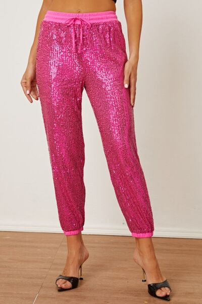 Sequin Drawstring Pants with Pockets Hot Pink