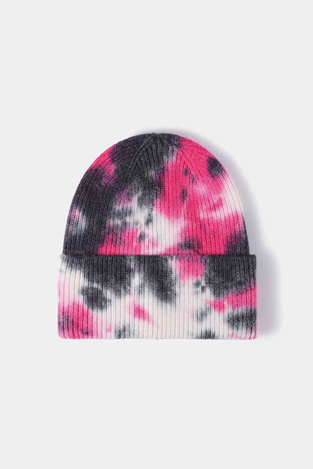 Tie-Dye Cuffed Rib-Knit Beanie Hat Black/Magenta One Size