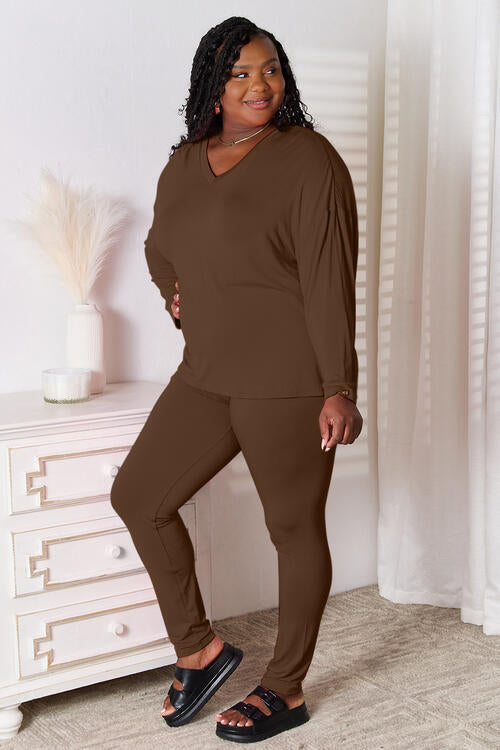 Basic Bae Full Size V-Neck Soft Rayon Long Sleeve Top and Pants Lounge Set Chocolate