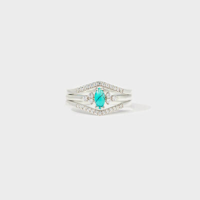 Artificial Turquoise V Shape Inlaid Zircon Ring Silver