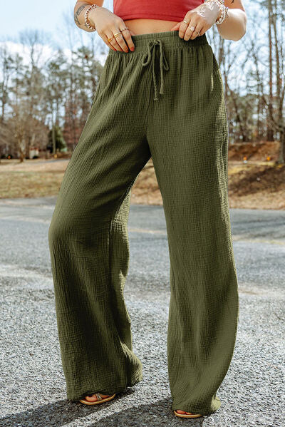 Texture Tied Wide Leg Pants Army Green