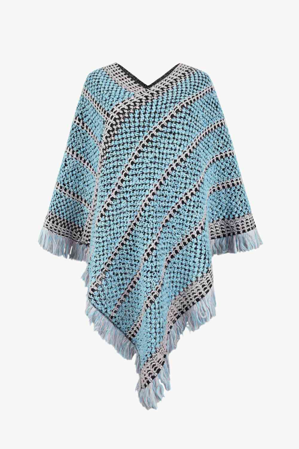 V-Neck Fringe Hem Poncho Pastel Blue One Size