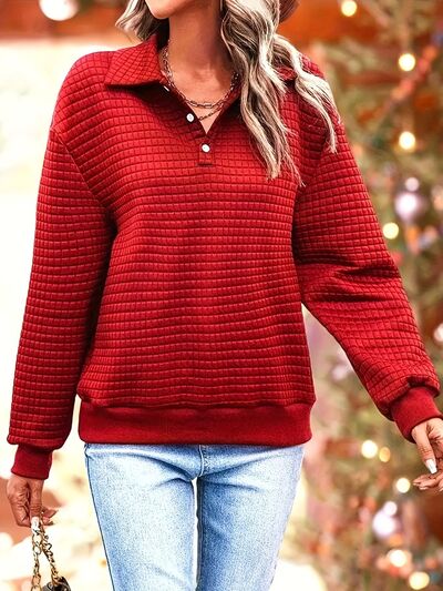 Waffle-Knit Collared Neck Long Sleeve Sweatshirt Deep Red