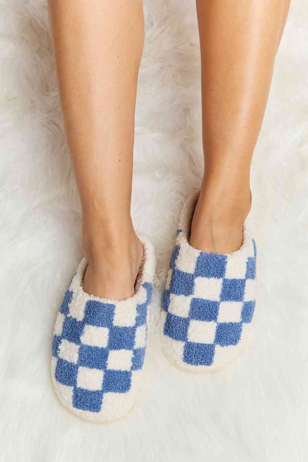 Melody Checkered Print Plush Slide Slippers Cobalt Blue