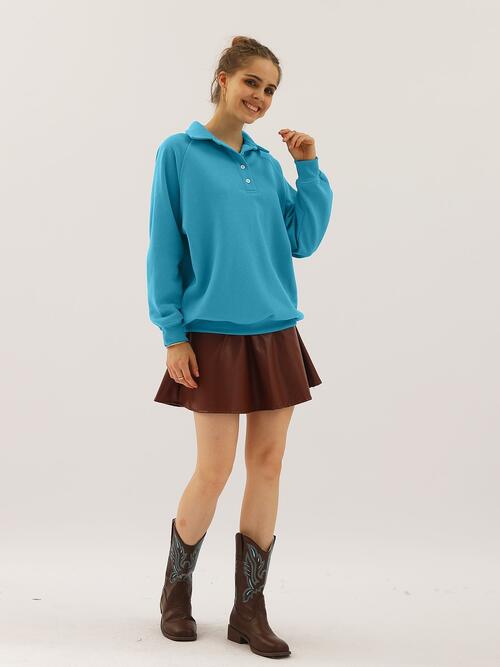 Ninexis Full Size Quarter-Button Collared Sweatshirt Turquoise