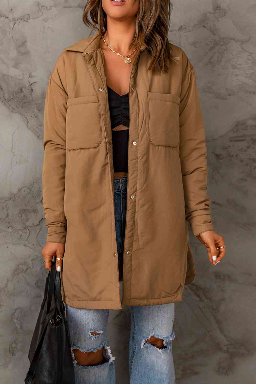 Double Take Snap Down Side Slit Jacket with Pockets Brown S