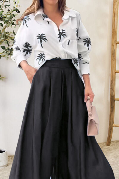 Pocketed Dropped Shoulder Shirt and Wide Leg Pants Set