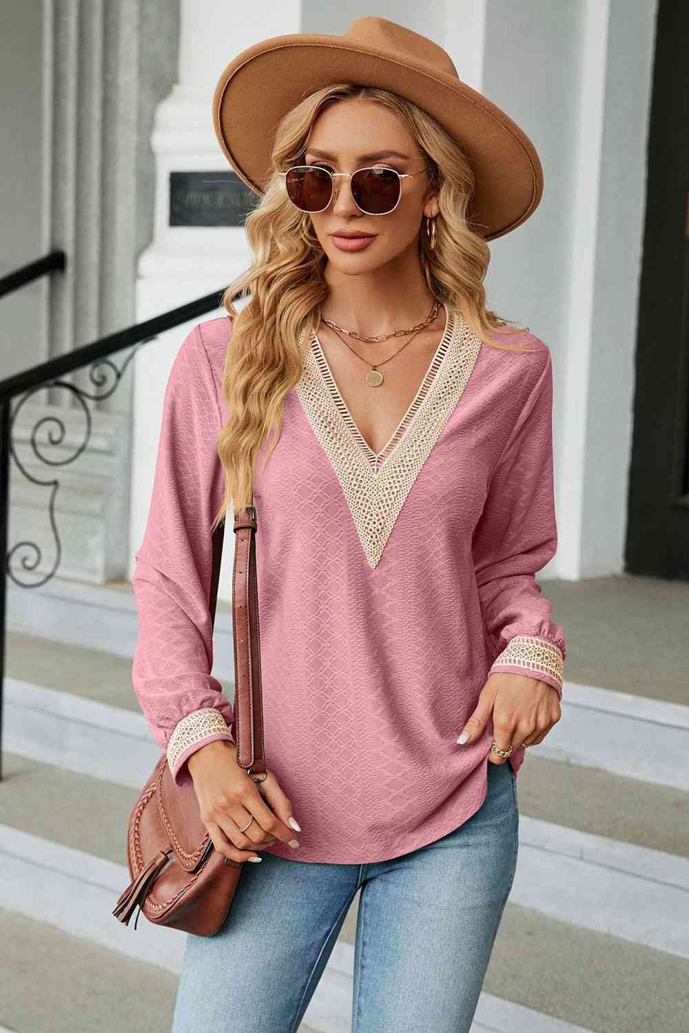 V-Neck Long Sleeve Blouse Carnation Pink