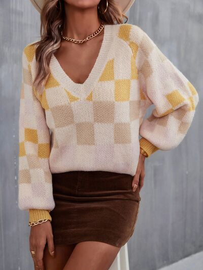 Checkered V-Neck Lantern Sleeve Sweater Pastel Yellow