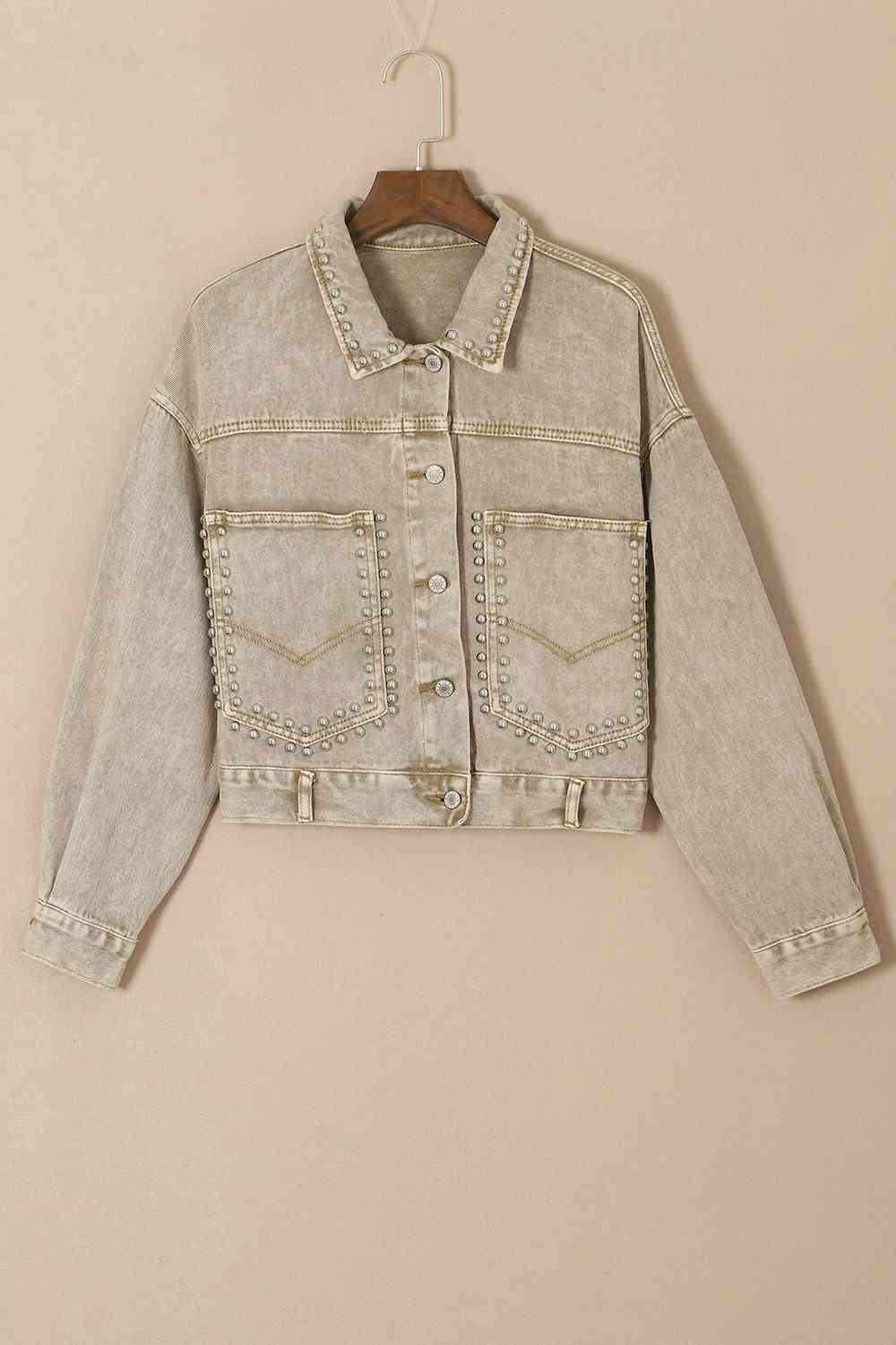 Studded Collared Neck Denim Jacket with Pockets Taupe