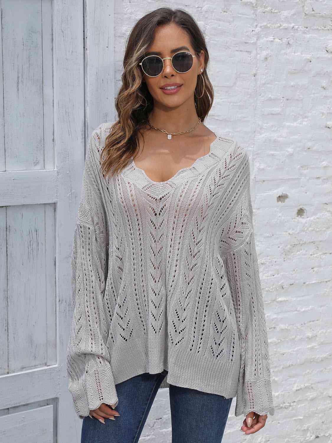 Openwork V-Neck Sweater Charcoal One Size