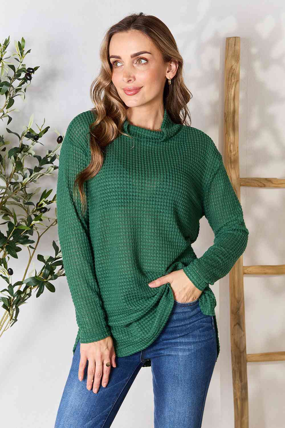 Culture Code Full Size Dropped Shoulder Long Sleeve Slit Blouse Hunter Green