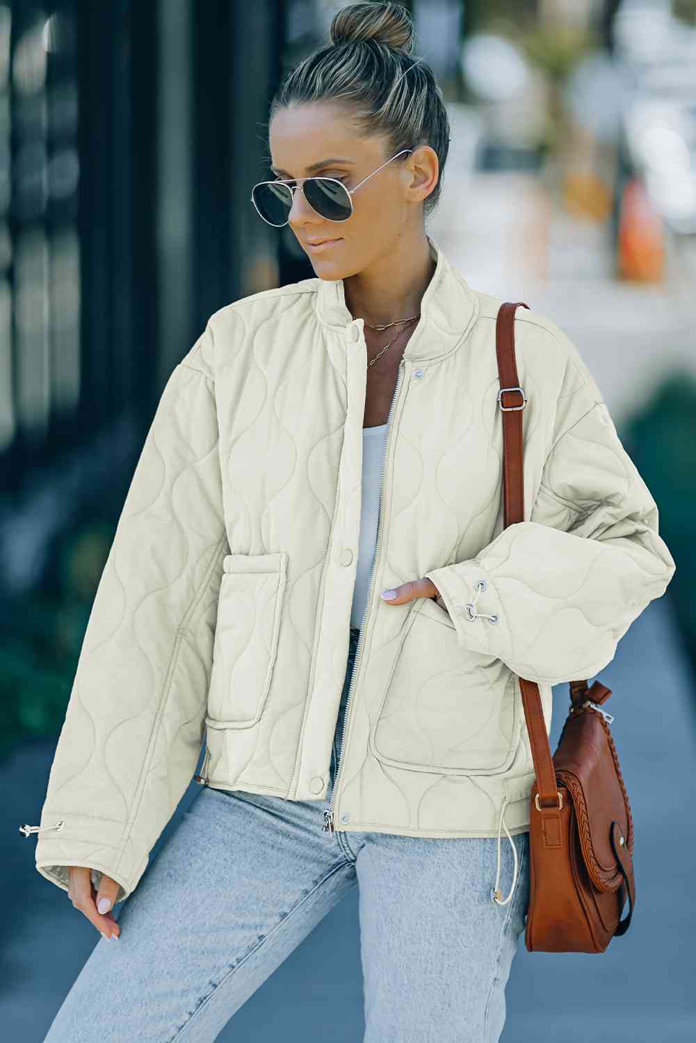 Drawstring Dropped Shoulder Quilted Jacket Cream M