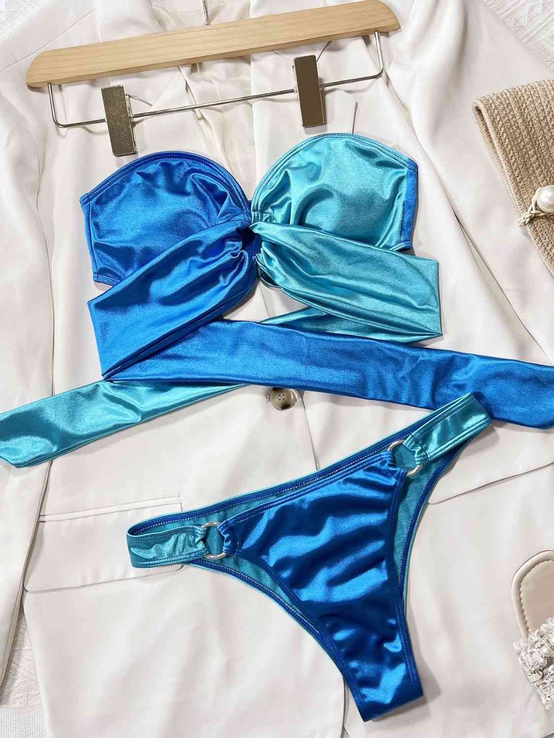 Two-Tone Ring Detail Tied Bikini Set Sky Blue