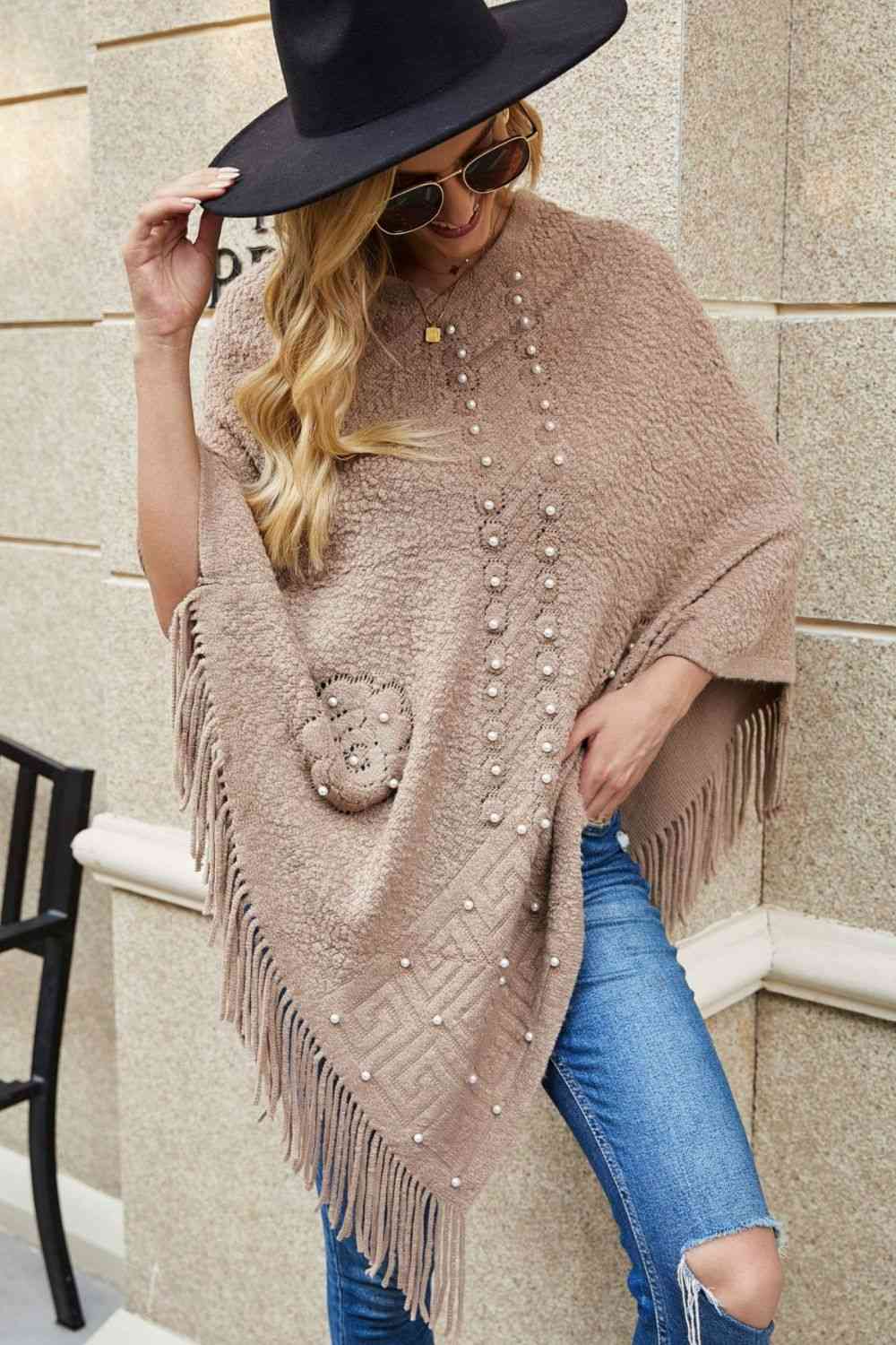 Pearl Trim Fringe Hem Poncho Khaki One Size