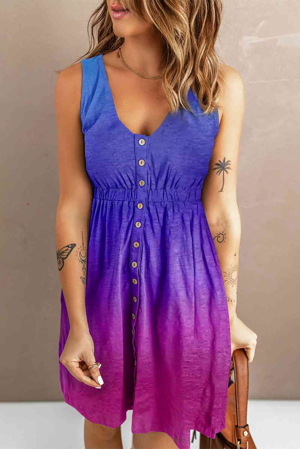 Buttoned Round Neck Sleeveless Mini Magic Dress Violet