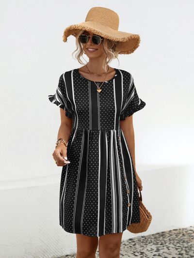 Striped Polka Dot Frill Short Sleeve Mini Dress Black