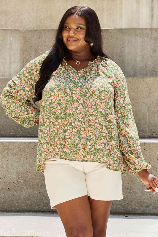HEYSON She's Blossoming Full Size Balloon Sleeve Floral Blouse Floral