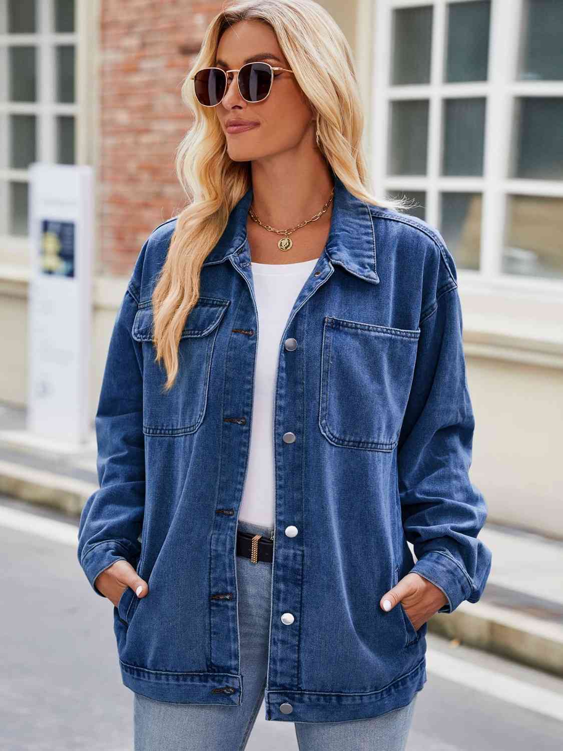 Button Up Denim Jacket with Pockets Peacock Blue