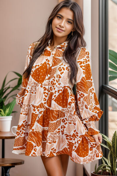 Printed Tiered Half Button Lantern Sleeve Mini Dress Caramel