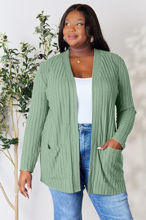 Basic Bae Full Size Ribbed Open Front Cardigan with Pockets Gum Leaf