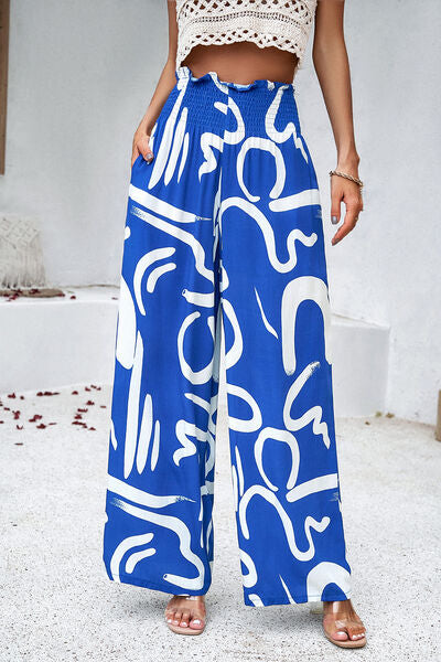 Smocked Printed Wide Leg Pants with Pockets Royal Blue